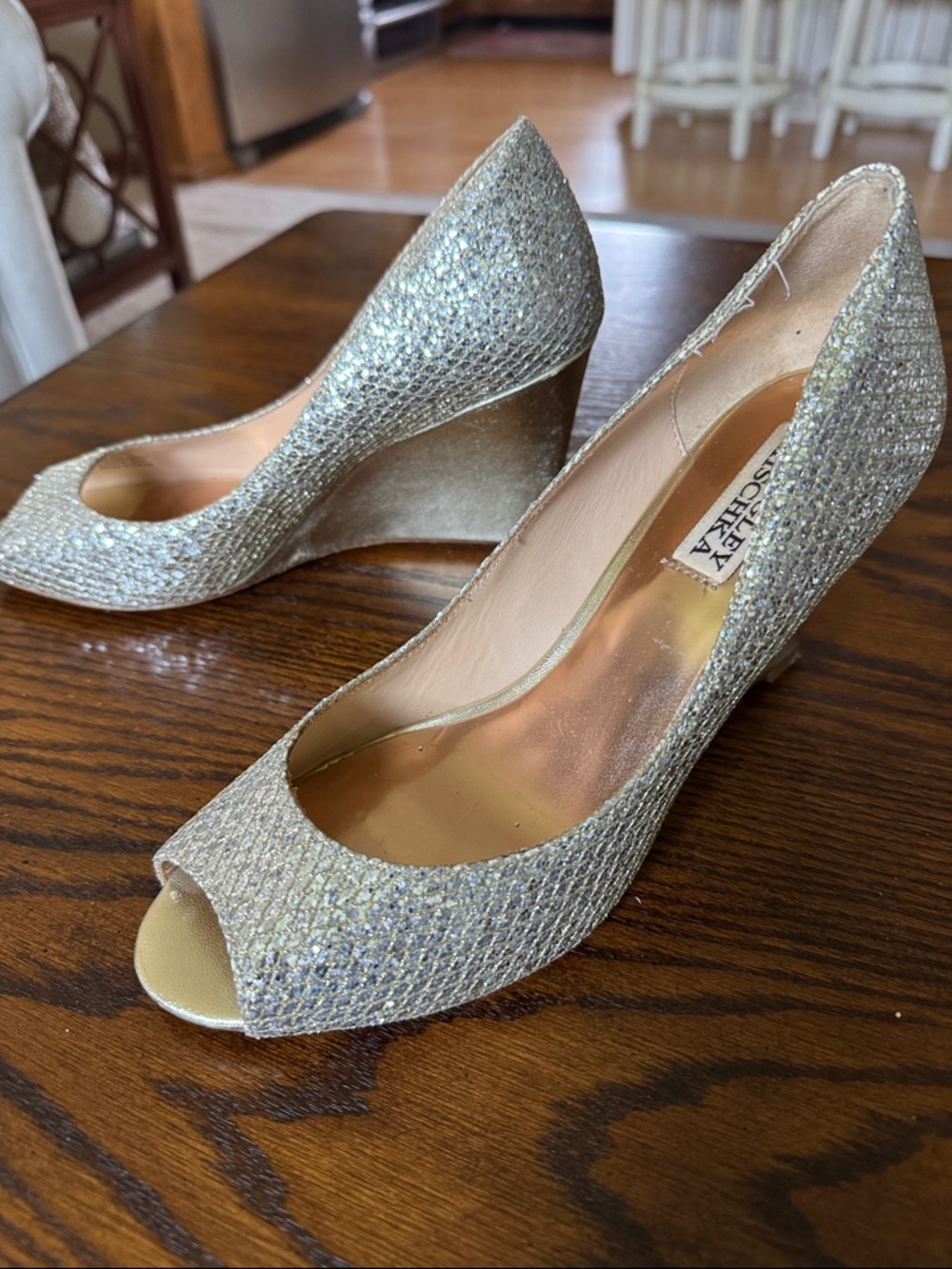 Bartley Mishka Awake gold glitter peep toe shoes